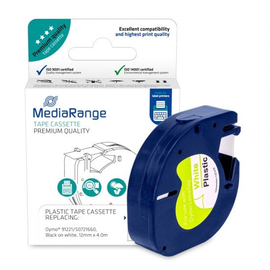 Πλαστική Ταινία Ετικετογράφου MediaRange (Dymo 91221/S0721660) 12 mm x 4 m (Μαύρα Γράμματα σε Λευκό Φόντο) (MRDY91221)