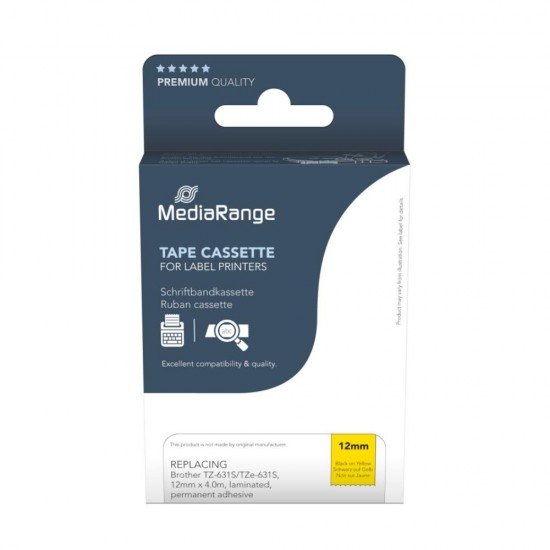 MediaRange Plastic Tape Cassette For Label Printers Using Brother TZ-631s/TZe-631s 12mm 4m Laminated Black On Yellow (MRBTZ631S)