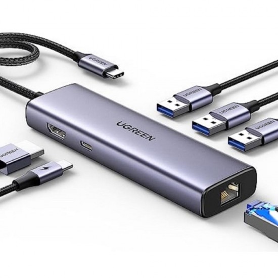 Ugreen Adapter 1w6 USB-C do 3x USB A 3.0 HDMI RJ45 PD Converter (15598) (UGR15598)