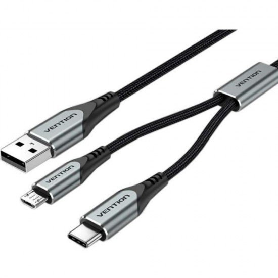 VENTION Nylon Braided USB 2.0 A Male to Dual Type-C Male Y-Splitter Cable 1M Gray Aluminum Alloy Type (CQOHF) (VENCQOHF)