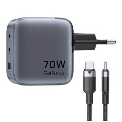 VENTION 3-Port USB (C+C+A) GaN Charger (70W/70W/22.5W) Gray with USB-C to USB-C Cable (1M) Black EU-Plug (TZ-FEXH0-EU) (VENTZ-FEXH0-EU)