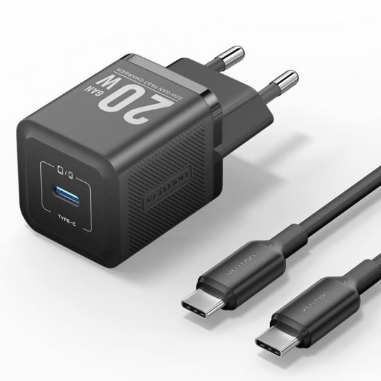 VENTION 1-Port USB-C GaN Charger (20W) with USB-C to USB-C Cable (1M) EU-Plug Black (TZ-FEPB0-EU-01) (VENTZ-FEPB0-EU-01)
