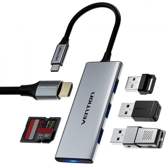 VENTION USB-C to HDMI/USB 3.0x3/SD/TF Docking Station Aluminum Alloy Type 0.15M Gray (TOOHB) (VENTOOHB)