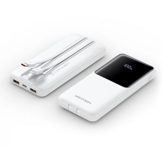 VENTION 10000mAh Power Bank (Micro-USB + USB-C + USB-A/USB-A) with Built-in USB-C and Lightning Cables 22.5W White LED Display Universal Type (FHOW0-TY) (VENFHOW0-TY)