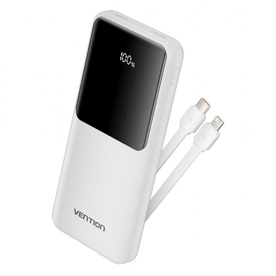 VENTION 10000mAh Power Bank (USB-C + USB-A) with Built-in Cable 22.5W White LED Display Type (XGYW0-39-TY) (VENXGYW0-39-TY)