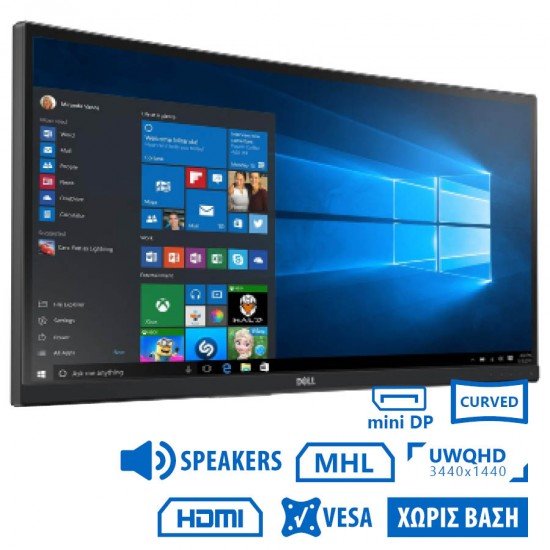 Used Monitor U3415WB Curved/Dell/34”UW-QHD/3440x1440/Black/w/Speakers/No Stand/DP & mini DP & HDMI &