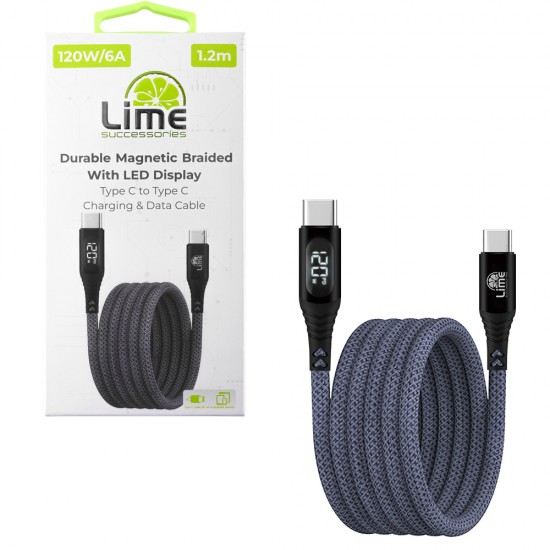 LIME USB-C TYPE C TO USB-C TYPE C 6A ΦΟΡΤΙΣΗΣ-DATA DURABLE MAGNETIC BRAIDED WITH LED DISPLAY 1.2m LBMLCC01 120W GREY