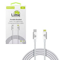 LIME LIGHTNING TO USB-C 3.4A ΦΟΡΤΙΣΗΣ-DATA DURABLE BRAIDED 1m LBCL01 30W WHITE