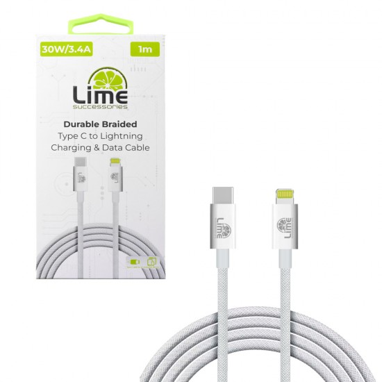 LIME LIGHTNING TO USB-C 3.4A ΦΟΡΤΙΣΗΣ-DATA DURABLE BRAIDED 1m LBCL01 30W WHITE