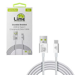 LIME USB-C TYPE C TO USB 6A ΦΟΡΤΙΣΗΣ-DATA DURABLE BRAIDED 1m LBUC01 120W WHITE