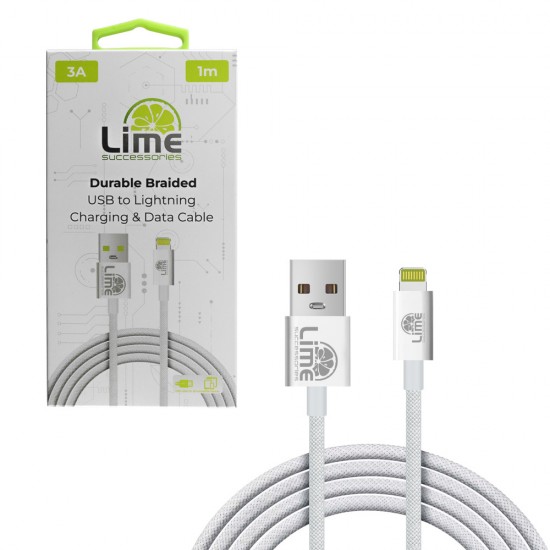 LIME LIGHTNING TO USB 3A ΦΟΡΤΙΣΗΣ-DATA DURABLE BRAIDED 1m LBUL01 WHITE