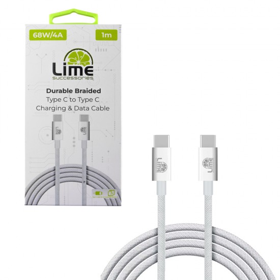 LIME USB-C TYPE C TO USB-C TYPE C 4A ΦΟΡΤΙΣΗΣ-DATA DURABLE BRAIDED 1m LBCC01 68W WHITE