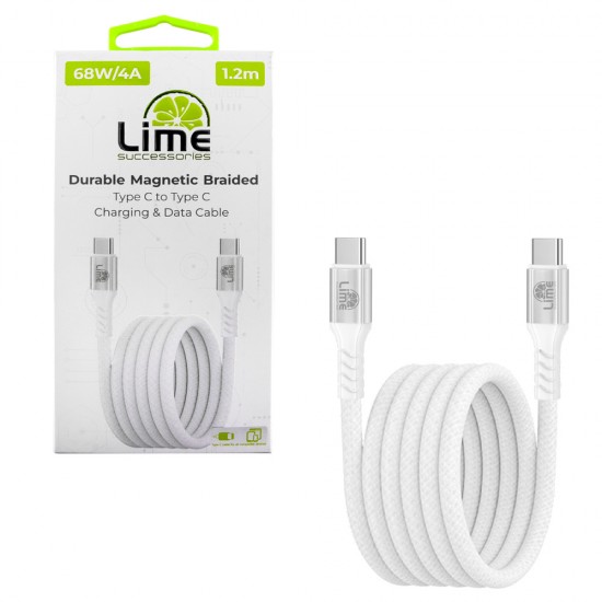 LIME USB-C TYPE C TO USB-C TYPE C 4A ΦΟΡΤΙΣΗΣ-DATA DURABLE MAGNETIC BRAIDED 1.2m LBMCC01 68W WHITE