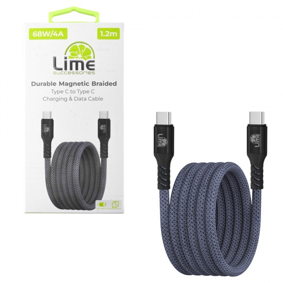 LIME USB-C TYPE C TO USB-C TYPE C 4A ΦΟΡΤΙΣΗΣ-DATA DURABLE MAGNETIC BRAIDED 1.2m LBMCC02 68W GREY