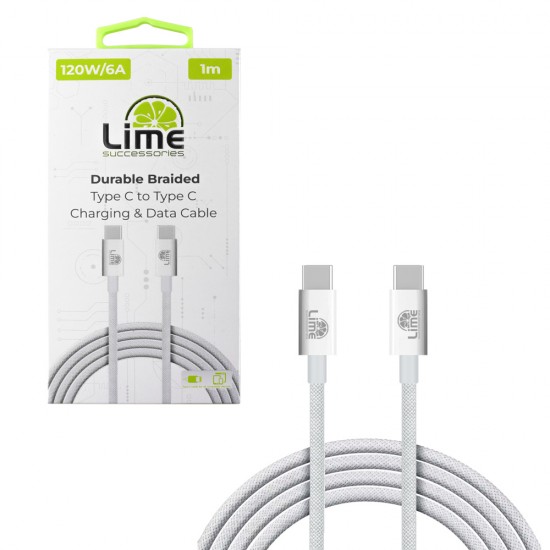 LIME USB-C TYPE C TO USB-C TYPE C 6A ΦΟΡΤΙΣΗΣ-DATA DURABLE BRAIDED 1m LBCC02 120W WHITE