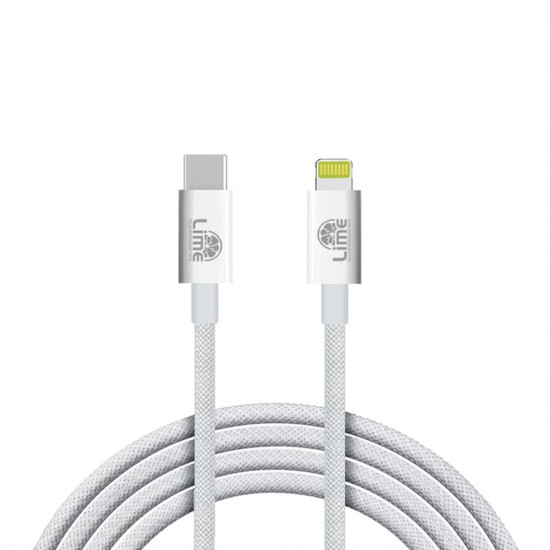 LIME LIGHTNING TO USB-C 3.4A ΦΟΡΤΙΣΗΣ-DATA DURABLE BRAIDED 1m LBCL01 30W WHITE BULK