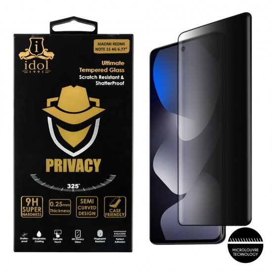 IDOL 1991 PRIVACY ANTISPY TEMPERED GLASS XIAOMI REDMI NOTE 15 4G 6.77in 9H 0.25mm 3D SEMI CURVED EDGE GLUE BLACK IDOL 1991 PRIVACY ANTISPY TEMPERED GLASS XIAOMI REDMI NOTE 15 4G 6.77in 9H 0.25mm 3D SEMI CURVED EDGE GLUE BLACK