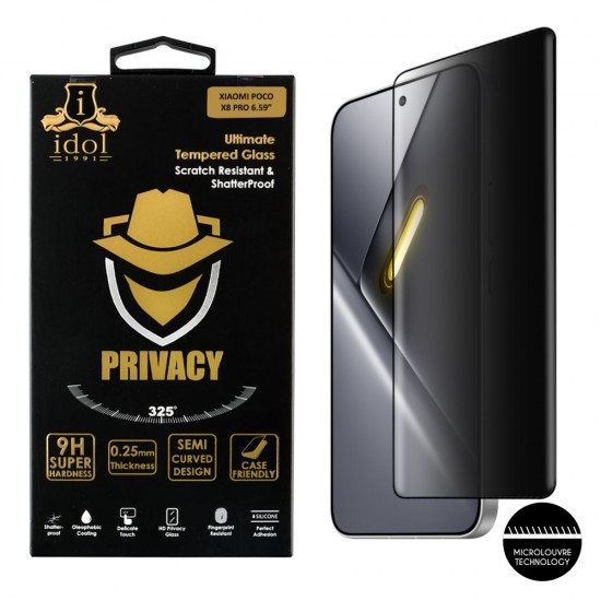 IDOL 1991 PRIVACY ANTISPY TEMPERED GLASS XIAOMI POCO X8 PRO 6.59in 9H 0.25mm SEMI CURVED FINGER UNLOCK FULL GLUE BLACK IDOL 1991 PRIVACY ANTISPY TEMPERED GLASS XIAOMI POCO X8 PRO 6.59in 9H 0.25mm SEMI CURVED FINGER UNLOCK FULL GLUE BLACK
