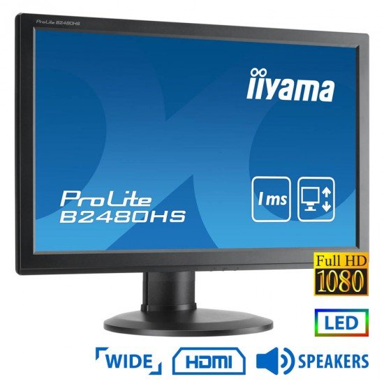 Used (A-) Monitor B2480HS LED/IIyama/24”FHD/1920x1080/Wide/Black/w/Speakers/Grade A-/D-SUB & DVI-D & Used (A-) Monitor B2480HS LED/IIyama/24”FHD/1920x1080/Wide/Black/w/Speakers/Grade A-/D-SUB & DVI-D &