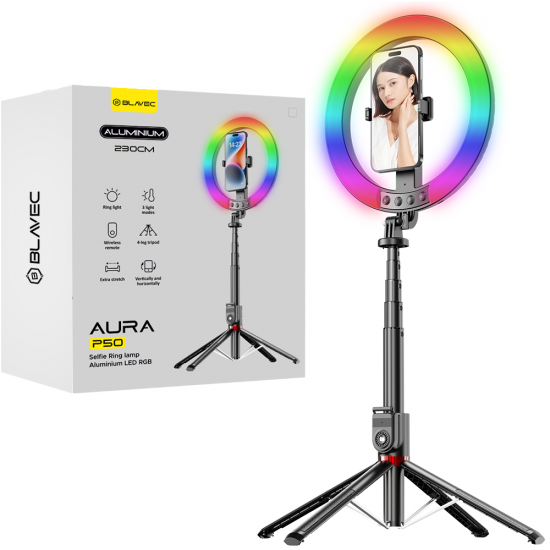 Blavec Selfie Ring lamp Aluminium Aura LED RGB Ring P-50 25cm tripod + remote control + 2,3 metres (RLP50-TRB23) black