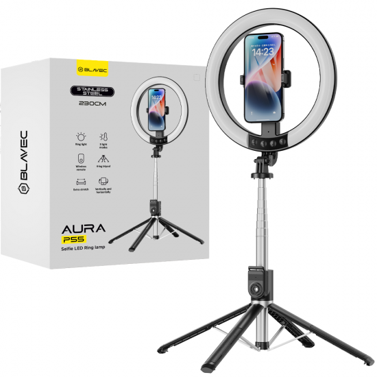 Blavec Selfie Ring lamp Aura LED Ring P-55 25cm tripod + remote control + 2,3 metres (RLP55-TRB23) black Blavec Selfie Ring lamp Aura LED Ring P-55 25cm tripod + remote control + 2,3 metres (RLP55-TRB23) black