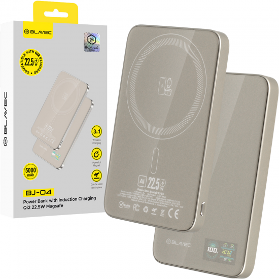Blavec Power Bank 5000mAh BJ-04 Ultra Slim 7,8mm - Type C - 22,5W magnetic Magsafe 3 in 1 (PBBJ04-MC5GD) gold glass