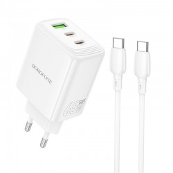 Borofone Wall charger BN32 Cargador GaN - USB + 2xType C - QC 3.0 PD 65W with Type C to Type C white Borofone Wall charger BN32 Cargador GaN - USB + 2xType C - QC 3.0 PD 65W with Type C to Type C white