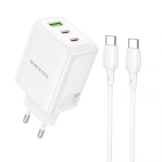 Borofone Wall charger BN32 Cargador GaN - USB + 2xType C - QC 3.0 PD 65W with Type C to Type C white