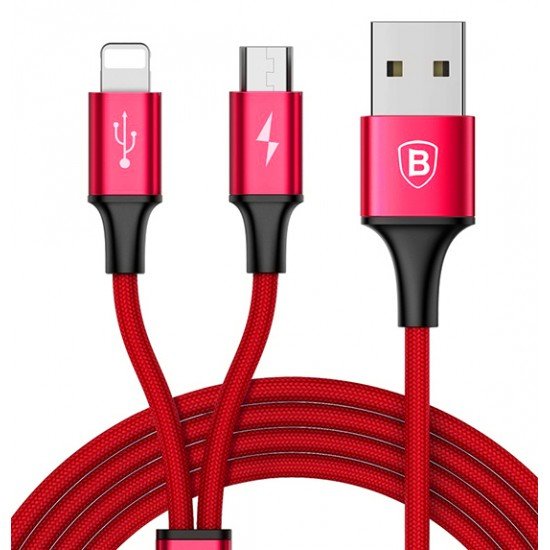Baseus Cable Rapid 2 in 1 - USB to Micro USB, Lightning - 3A 1.2 meter (CAML-SU09) red Baseus Cable Rapid 2 in 1 - USB to Micro USB, Lightning - 3A 1.2 meter (CAML-SU09) red
