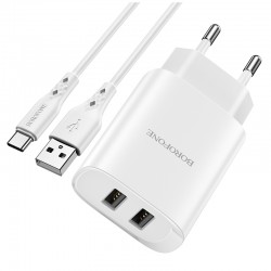 Borofone Wall charger BN2 Super - 2xUSB - 2,1A with USB to Type C white