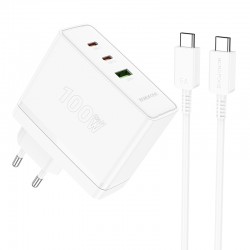Borofone Wall charger BN11 Imperial - USB + 2xType C - QC 3.0 PD 100W with Type C to Type C cable white