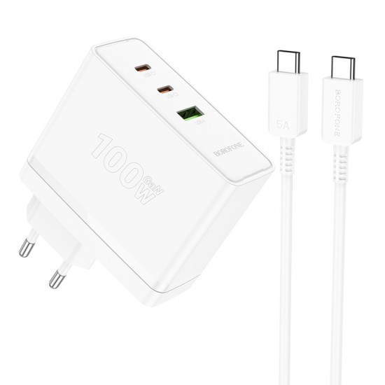 Borofone Wall charger BN11 Imperial - USB + 2xType C - QC 3.0 PD 100W with Type C to Type C cable white