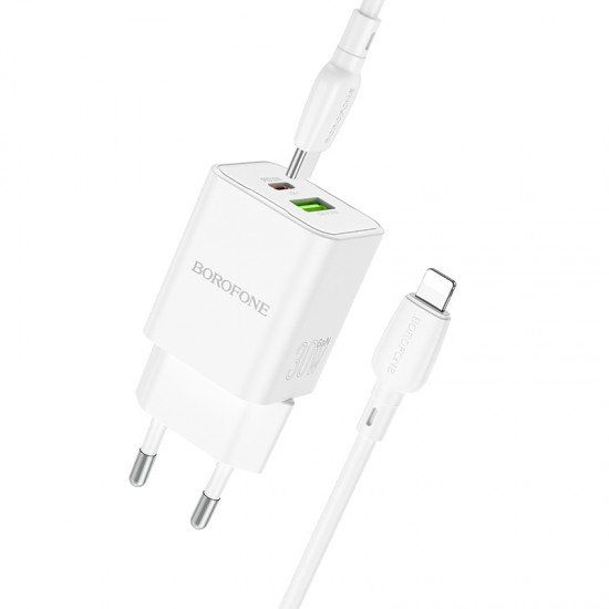 Borofone Wall charger BN14 Royal GaN - USB + Type C - QC 3.0 PD 30W with Type C to Lightning cable white