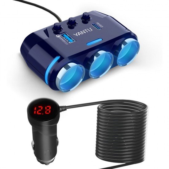 Car Cigarette Lighter Socket Splitter B39-C - 3 sockets + USB + Type C - QC 3.0 PD 3A 120W with display and cable Car Cigarette Lighter Socket Splitter B39-C - 3 sockets + USB + Type C - QC 3.0 PD 3A 120W with display and cable