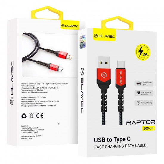 Blavec Cable Raptor braided - USB to Type C - 2A 3 metres Apple CarPlay/Android Auto (CRA-UC2BR30) black-red