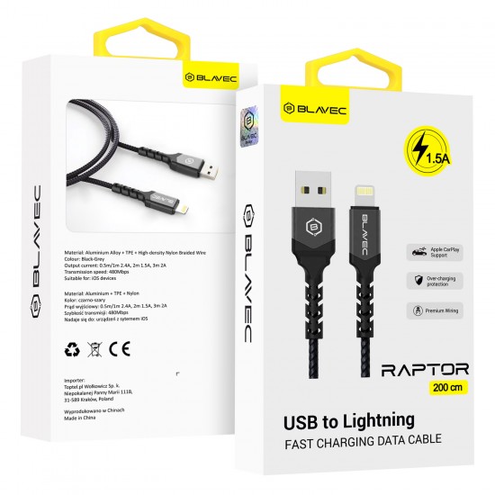 Blavec Cable Raptor braided - USB to Lightning - 1,5A 2 metres Apple CarPlay (CRA-UL15BG20) black-grey
