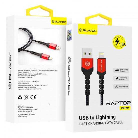 Blavec Cable Raptor braided - USB to Lightning - 1,5A 2 metres Apple CarPlay (CRA-UL15BR20) black-red