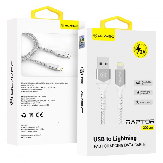 Blavec Cable Raptor braided - USB to Lightning - 2A 3 metres Apple CarPlay (CRA-UL2WS30) white-silver