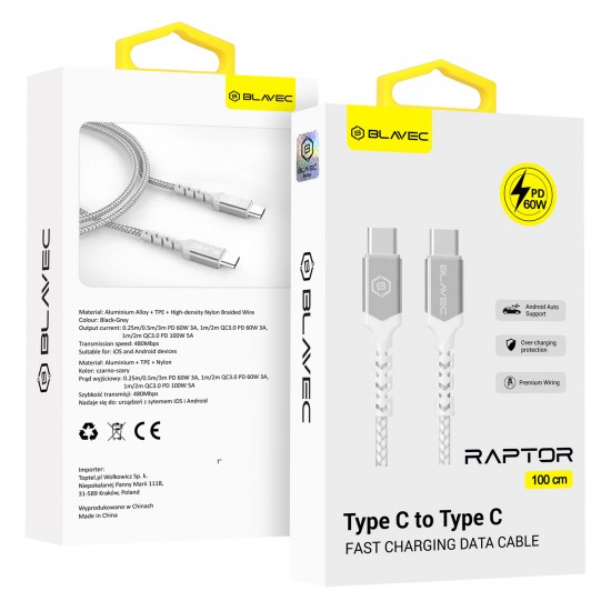 Blavec Cable Raptor braided - Type C to Type C - PD 60W 3A 1 metre Apple CarPlay/Android Auto (CRA-CC3WS10) white-silver Blavec Cable Raptor braided - Type C to Type C - PD 60W 3A 1 metre Apple CarPlay/Android Auto (CRA-CC3WS10) white-silver