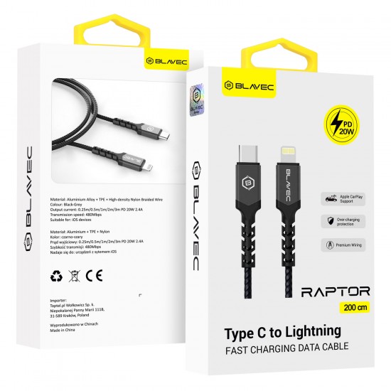 Blavec Cable Raptor braided - Type C to Lightning - PD 20W 2,4A 2 metres Apple CarPlay (CRA-CL24BG20) black-grey Blavec Cable Raptor braided - Type C to Lightning - PD 20W 2,4A 2 metres Apple CarPlay (CRA-CL24BG20) black-grey