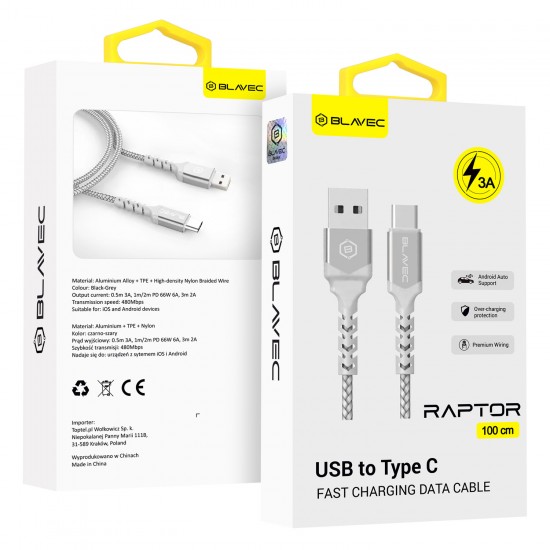 Blavec Cable Raptor braided - USB to Type C - 3A 1 metre Apple CarPlay/Android Auto (CRA-UC3WS10) white-silver Blavec Cable Raptor braided - USB to Type C - 3A 1 metre Apple CarPlay/Android Auto (CRA-UC3WS10) white-silver