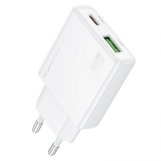 Borofone Wall charger BN25 Wish (Ultra Thin) - USB + Type C - PD QC 3.0 30W white
