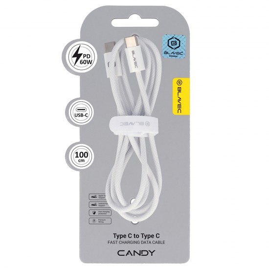 Blavec Cable Candy braided - Type C to Type C - PD 60W 3A 1 metre Apple CarPlay/Android Auto (CCA-CC3W10) white