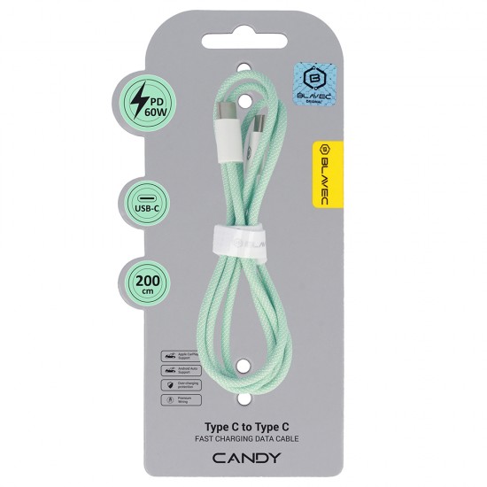 Blavec Cable Candy braided - Type C to Type C - PD 60W 3A 2 metres Apple CarPlay/Android Auto (CCA-CC3GN20) green
