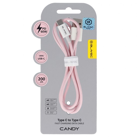 Blavec Cable Candy braided - USB to Type C - PD 60W 3A 2 metres Apple CarPlay/Android Auto (CCA-UC3P20) pink