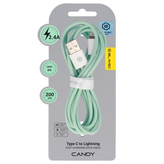 Blavec Cable Candy braided - USB to Lightning - 2,4A 2 metres Apple CarPlay (CCA-UL24GN20) green Blavec Cable Candy braided - USB to Lightning - 2,4A 2 metres Apple CarPlay (CCA-UL24GN20) green