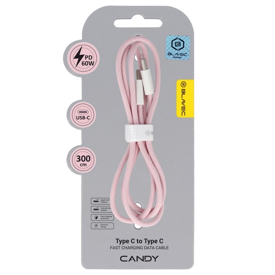 Blavec Cable Candy braided - Type C to Type C - PD 60W 3A 3 metres Apple CarPlay/Android Auto (CCA-CC3P30) pink