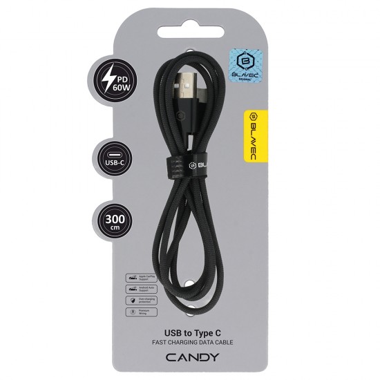 Blavec Cable Candy braided - USB to Type C - PD 60W 3A 3 metres Apple CarPlay/Android Auto (CCA-UC3B30) black