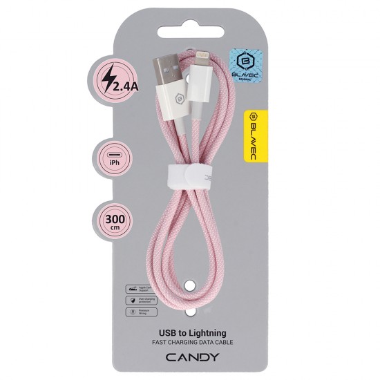 Blavec Cable Candy braided - USB to Lightning - 2,4A 3 metres Apple CarPlay (CCA-UL24P30) pink