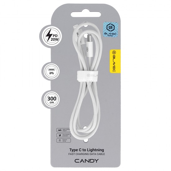 Blavec Cable Candy braided - Type C to Lightning - PD 20W 2,4A 3 metres Apple CarPlay (CCA-CL24W30) white